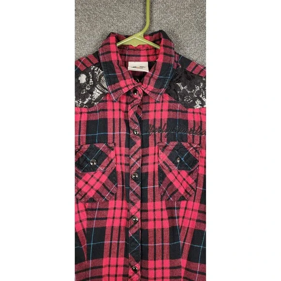 Harley Davidson Womens‎ XS Plaid Button Down Shirt Lace Embellished Western - Picture 3 of 12